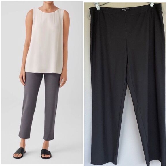 Eileen Fisher Grey Crepe Pants L Ankle Straight Leg Pull On Minimalist Career - Picture 1 of 15